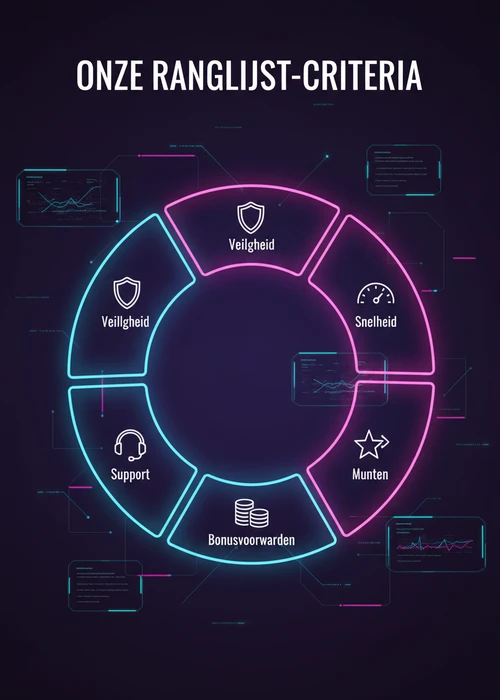 Ranglijst-criteria voor de top 10 bitcoin casino als donut: veiligheid, snelheid, munten, bonusvoorwaarden en support.