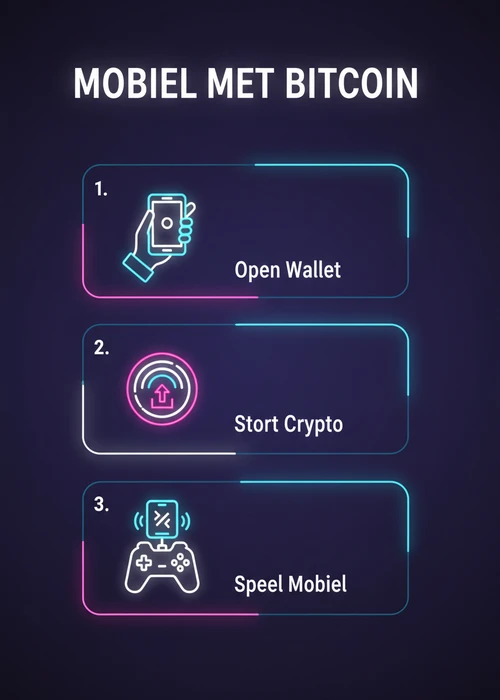 Mobiel met bitcoin in drie stappen: open wallet, stort crypto en speel mobiel op uw smartphone.