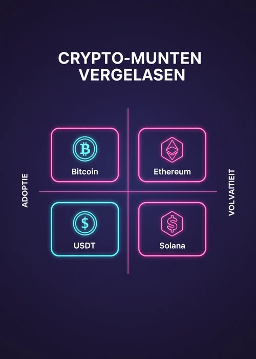 Crypto-munten vergeleken bij bitcoin casino sites: Bitcoin, Ethereum, USDT en Solana in een matrix.