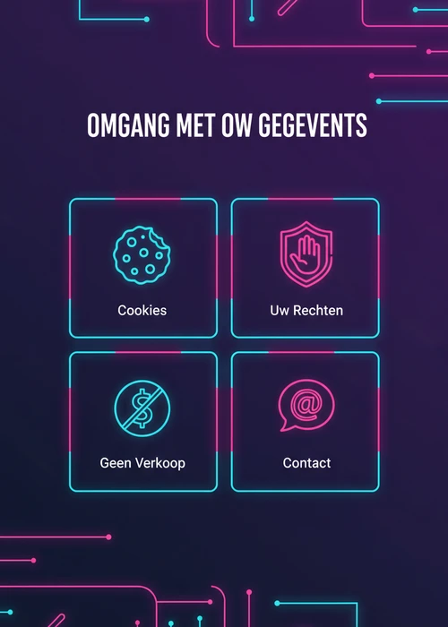 Omgang met uw gegevens bij een privacy bitcoin casino: cookies, uw rechten, geen verkoop en contact als icoontegels.